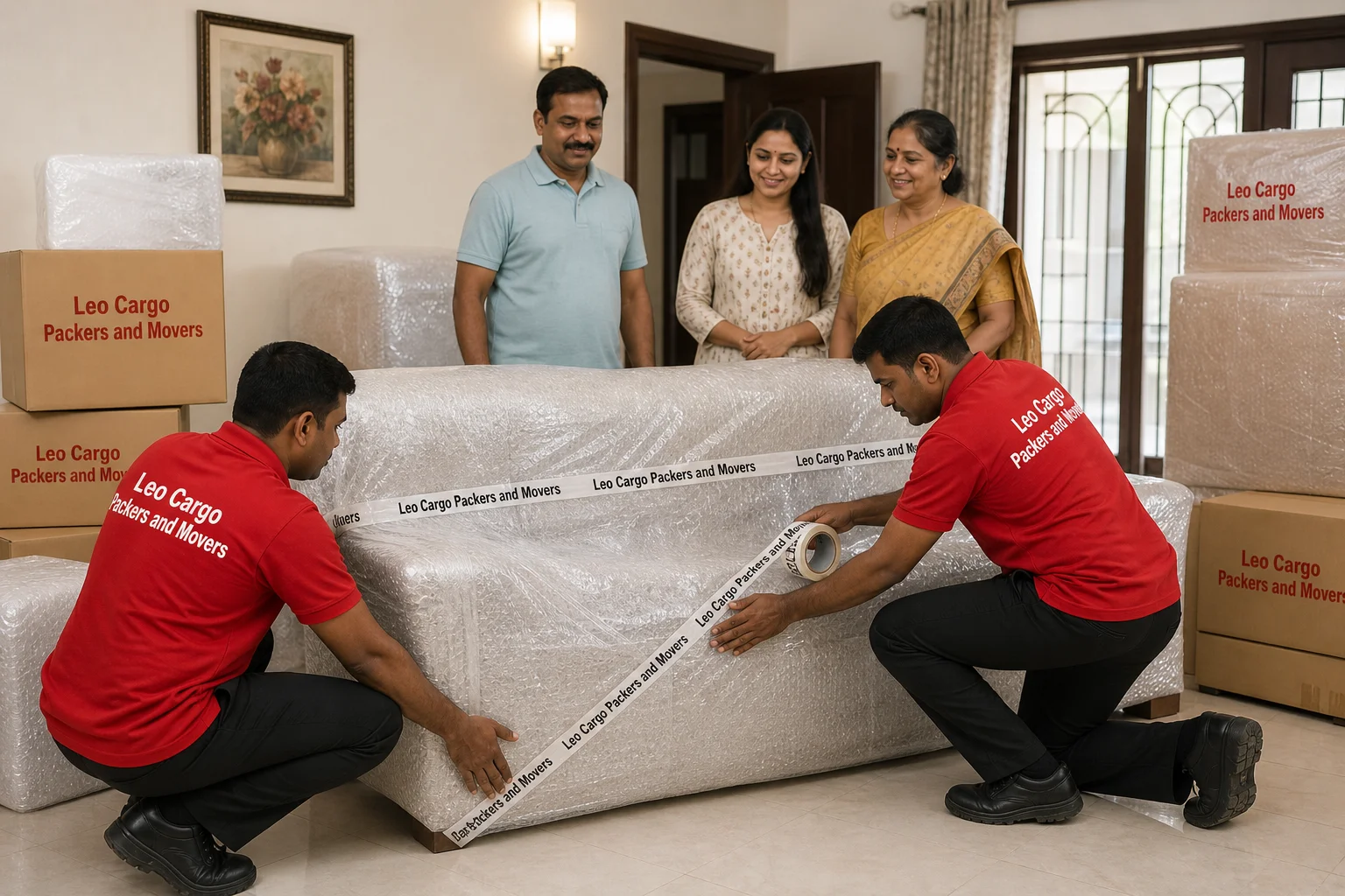 Movers wrapping a large sofa in thick bubble wrap inside a typical Indian home - Leo Cargo Packers and Movers