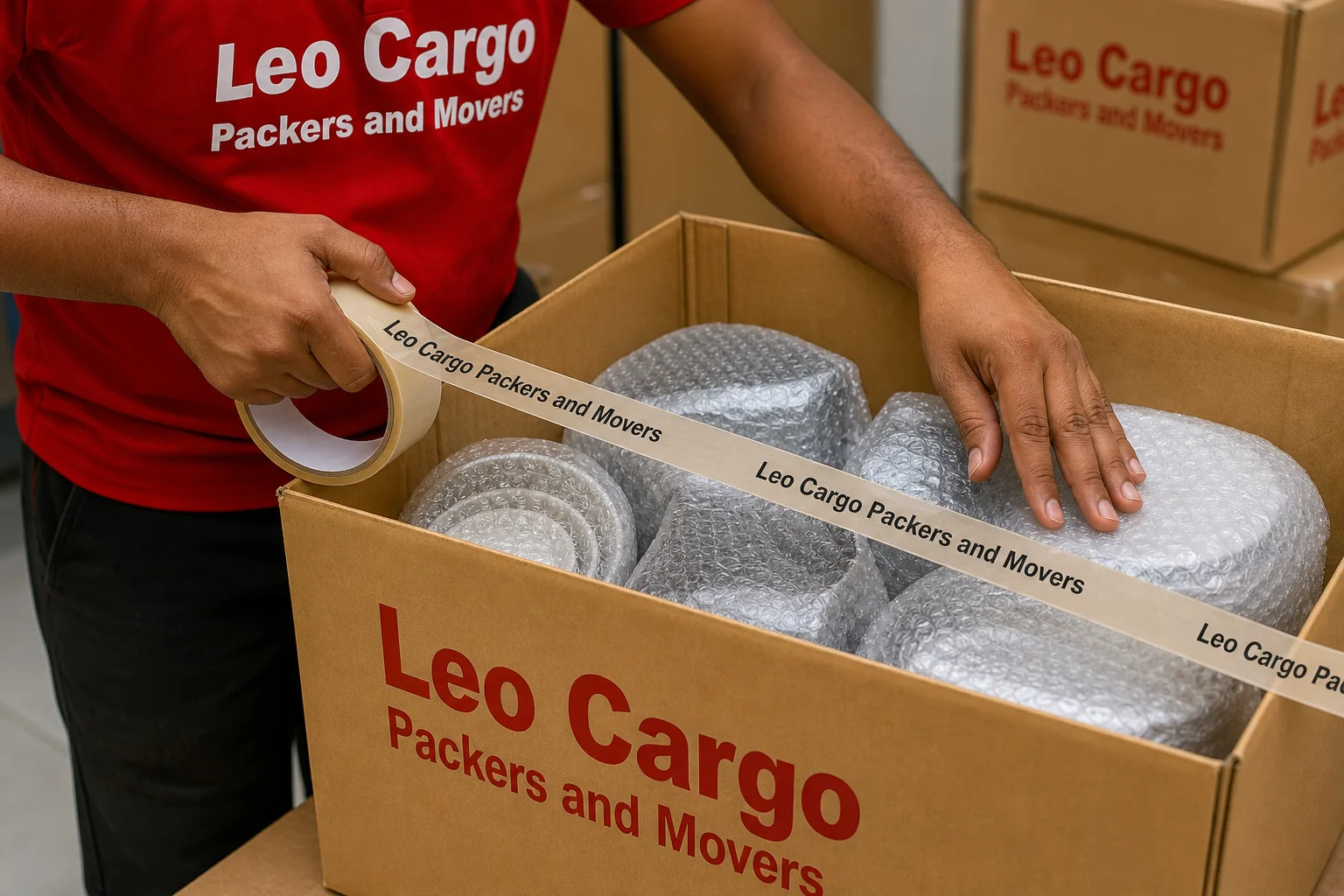 Close-up shot of a worker's hands in a Red T-shirt sealing a cardboard box with tape - Leo Cargo Packers and Movers