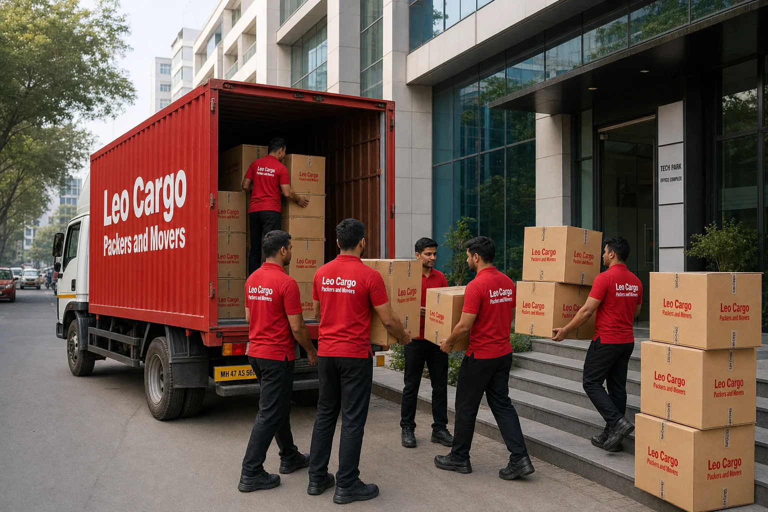A truck parked on a busy Indian urban street outside an office complex - Leo Cargo Packers and Movers