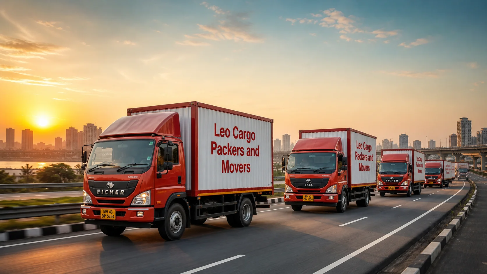 A convoy of red and white Eicher and Tata container trucks driving on a modern Indian highway at sunrise - Leo Cargo Packers and Movers