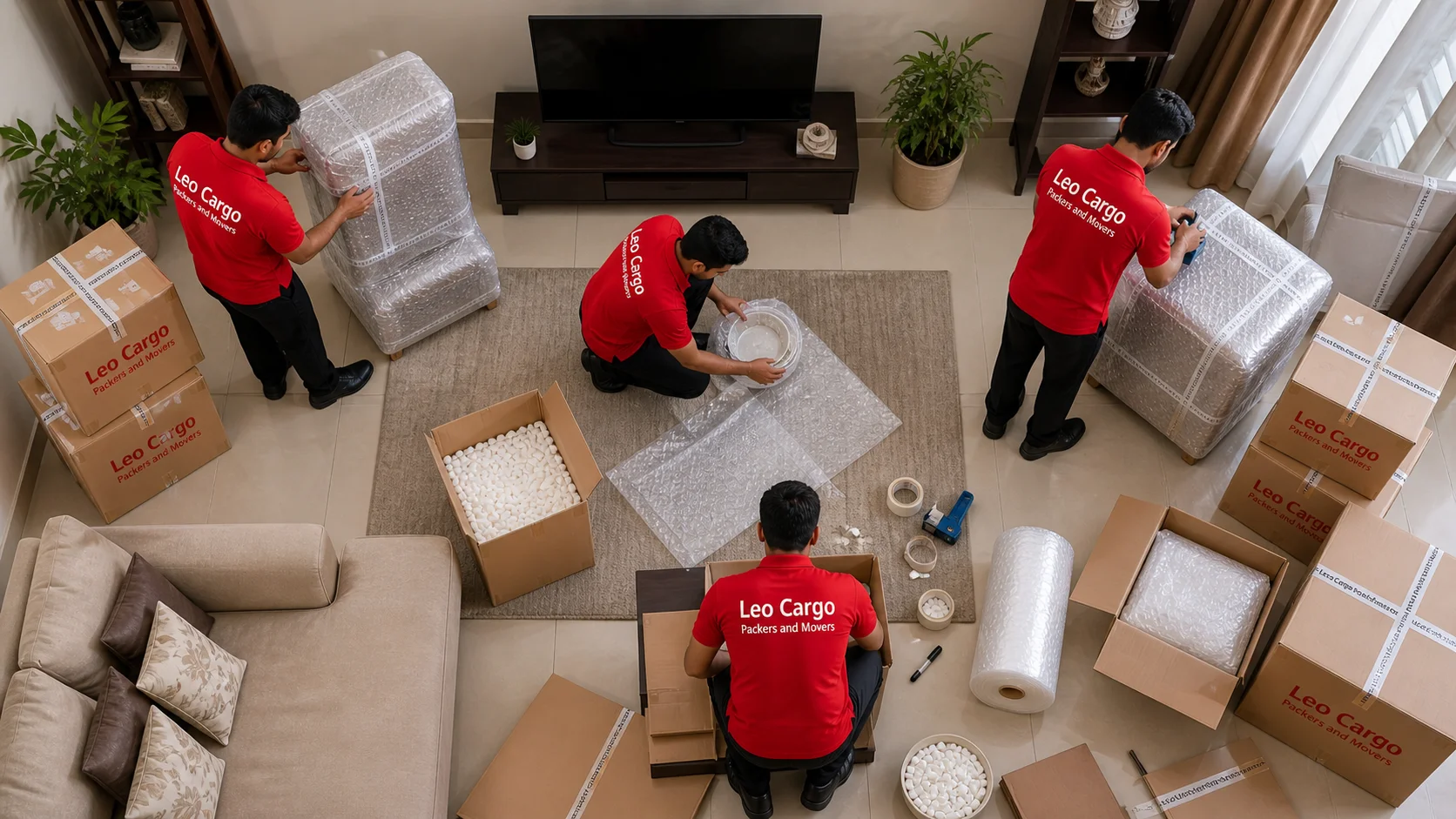 A top-down wide view of an organized living room - Leo Cargo Packers and Movers