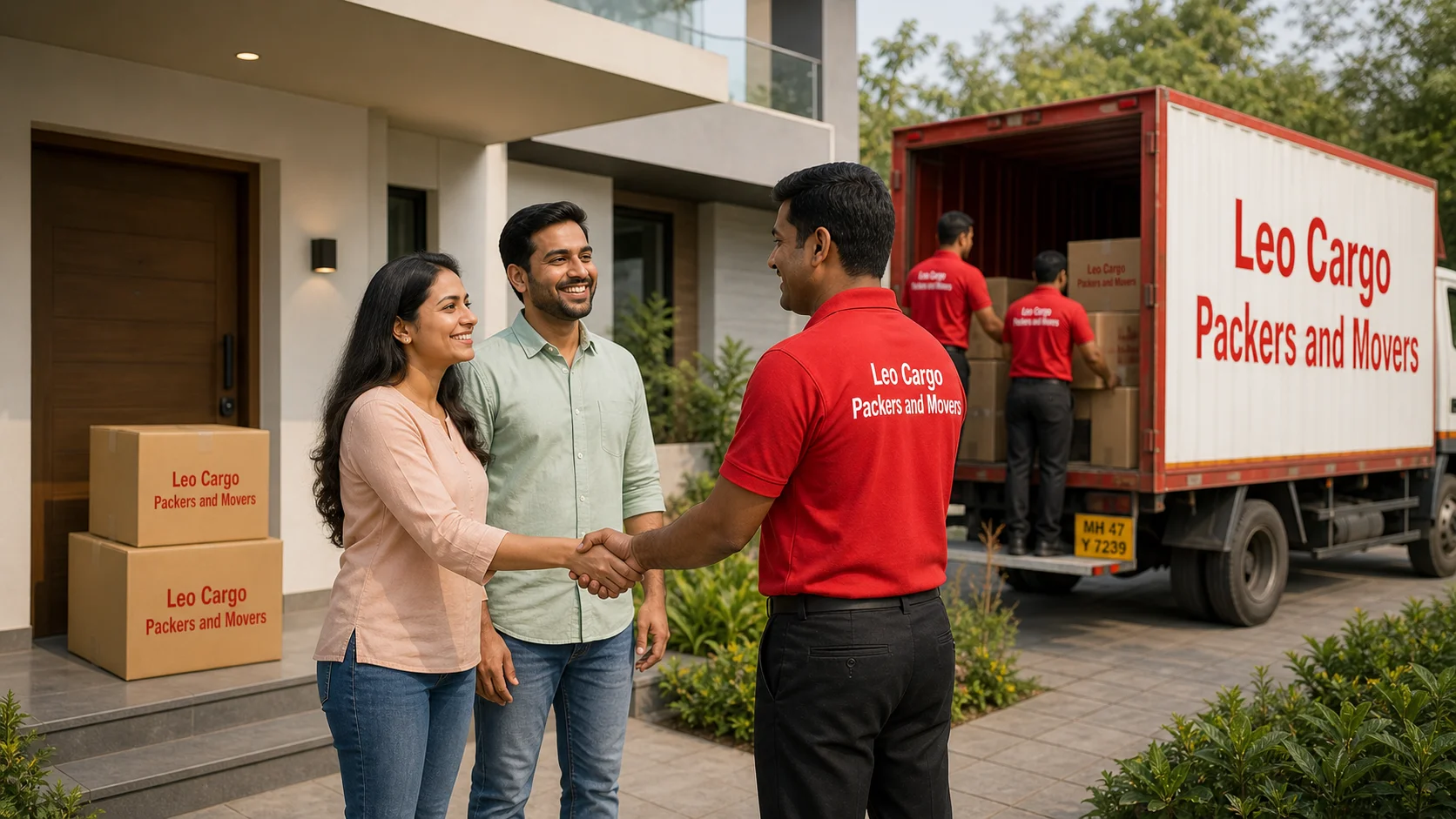 A happy Indian couple shaking hands with a moving supervisor in a proper uniform outside their new modern home - Leo Cargo Packers and Movers