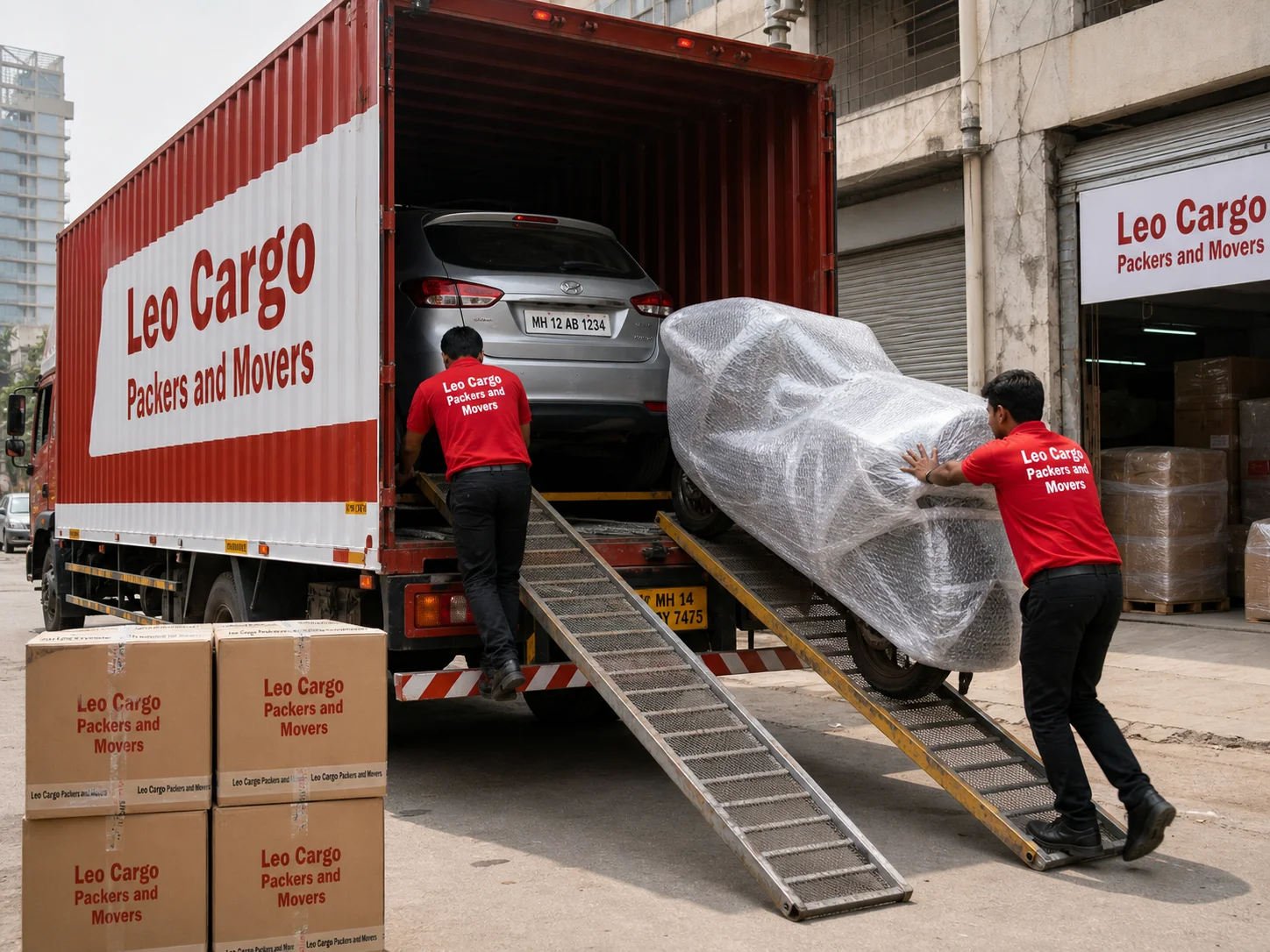 A red and white Tata vehicle transport truck and an MH number plate - Leo Cargo Packers and Movers