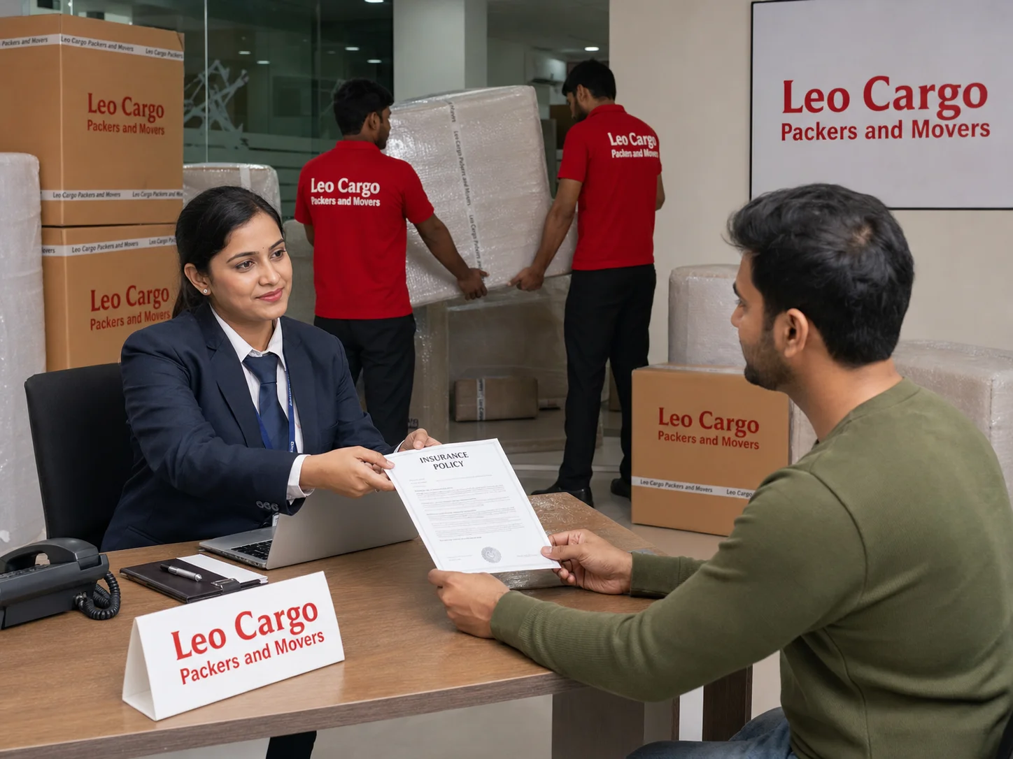A female executive in a proper uniform sitting at a modern desk in a branch office, handing an insurance policy document to an Indian customer - Leo Cargo Packers and Movers