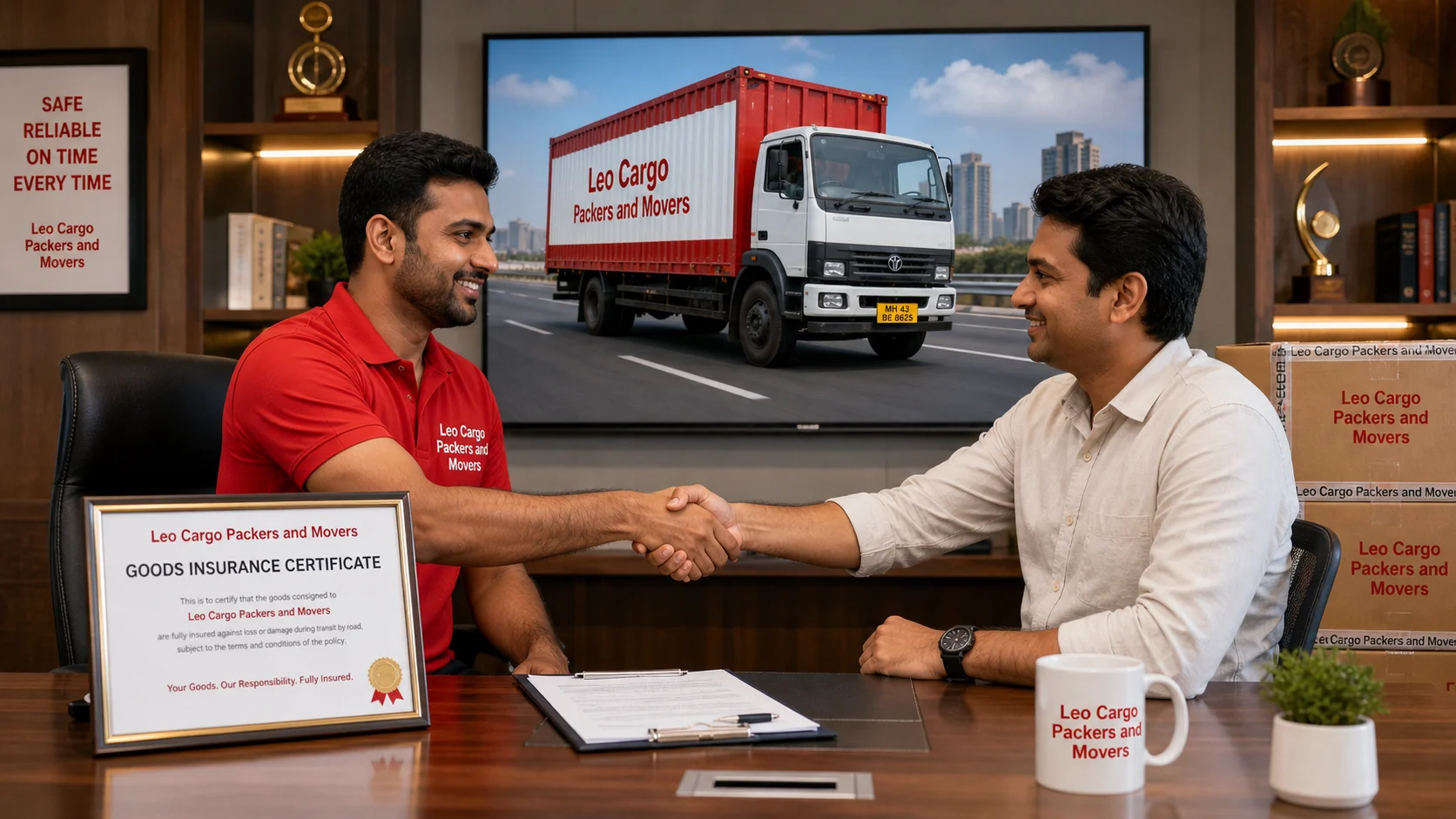 An executive in a proper uniform shaking hands with a relieved Indian customer across a modern desk - Leo Cargo Packers and Movers