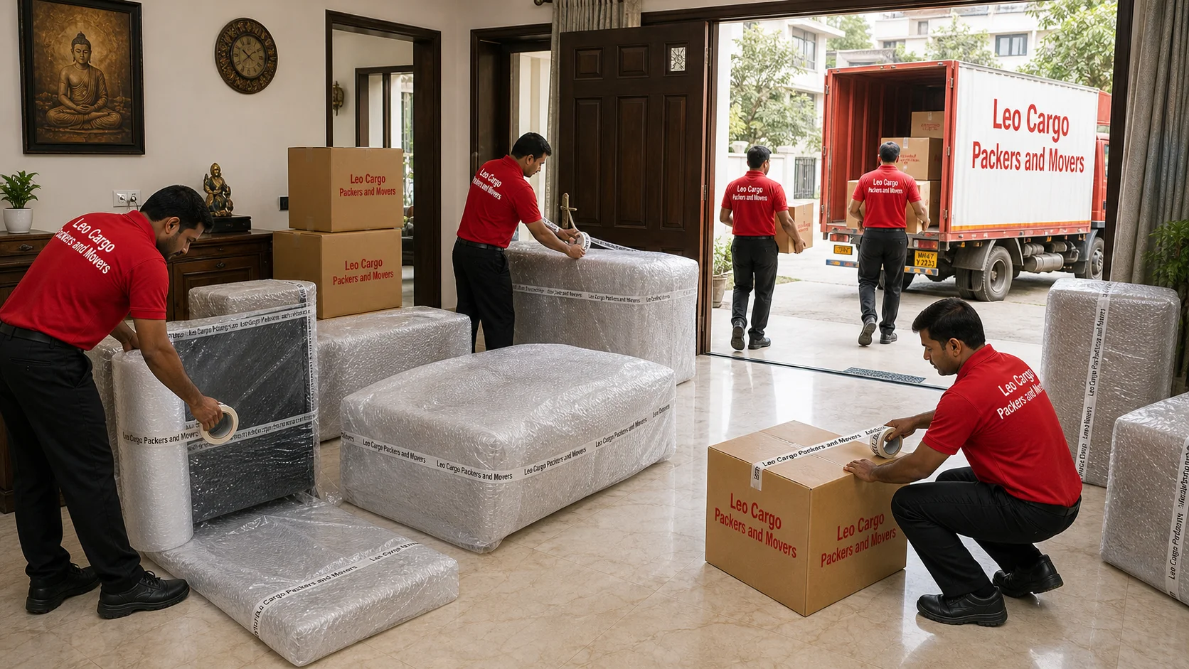 A comprehensive view of Indian movers in proper uniforms, expertly packing a premium living room - Leo Cargo Packers and Movers