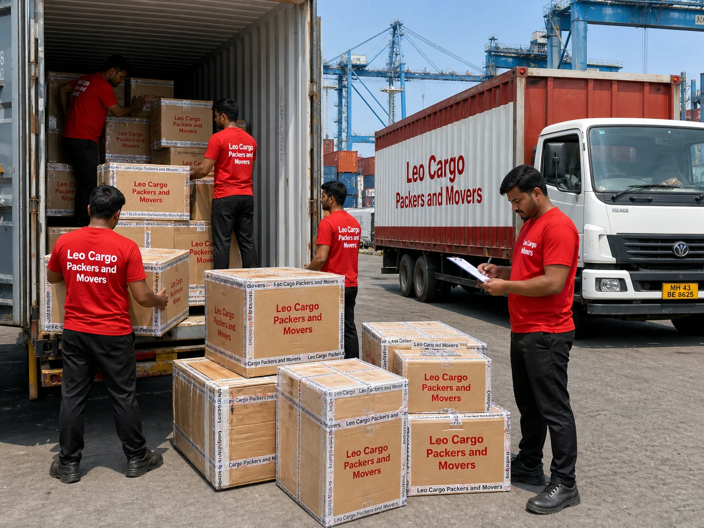 Cargo handlers in proper uniforms loading sturdy wooden crates and branded cardboard boxes into a shipping container at an Indian port - Leo Cargo Packers and Movers