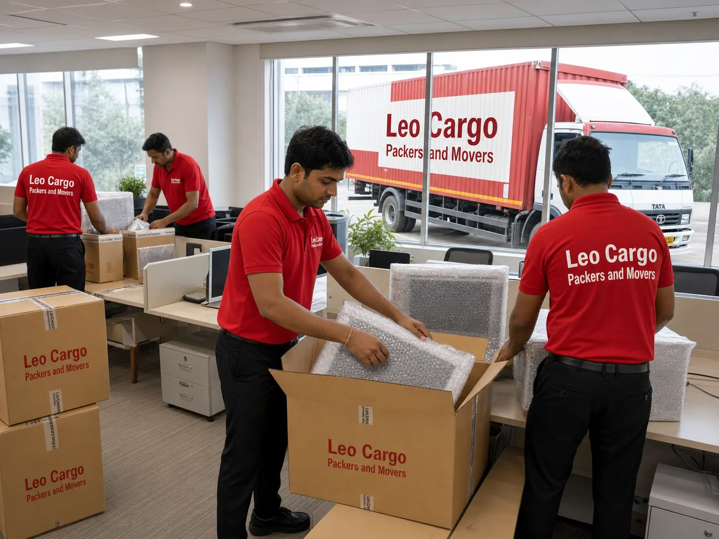 Movers packing computer monitors in an Indian corporate office - Leo Cargo Packers and Movers