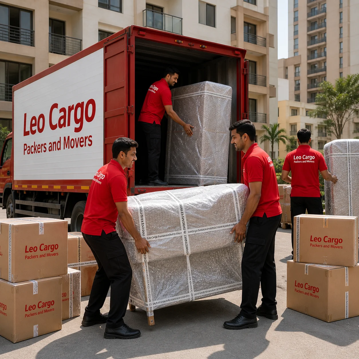 Movers safely unloading perfectly bubble-wrapped furniture from a truck at a new Indian housing society - Leo Cargo Packers and Movers
