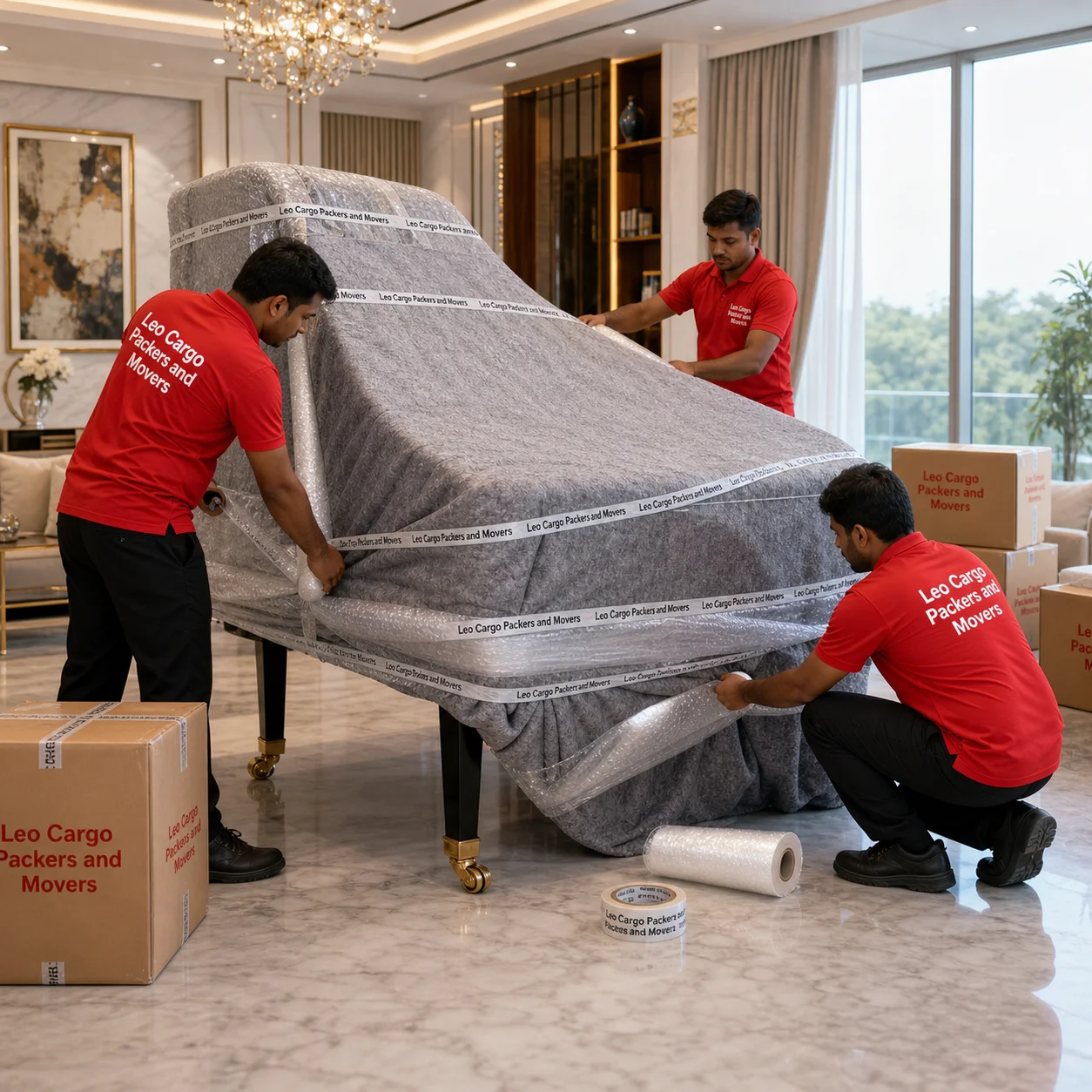 Movers securely wrapping a grand piano in thick blankets and bubble wrap in a luxury living room - Leo Cargo Packers and Movers