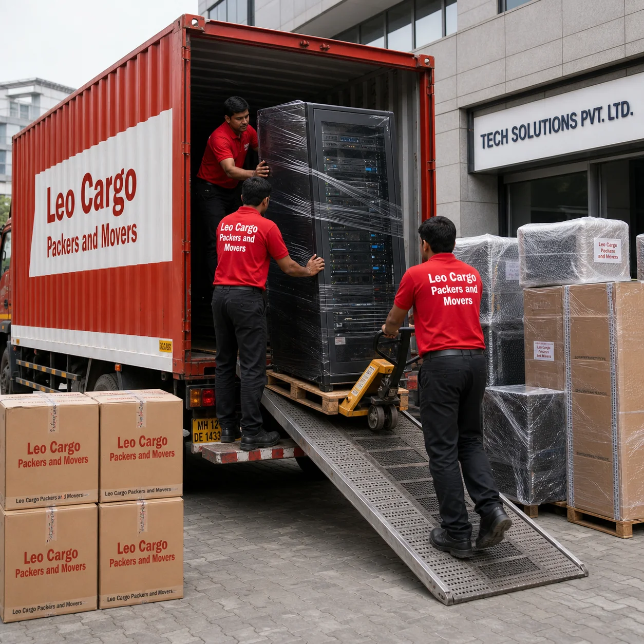 Movers carefully loading heavy IT server racks into a red and white container truck - Leo Cargo Packers and Movers