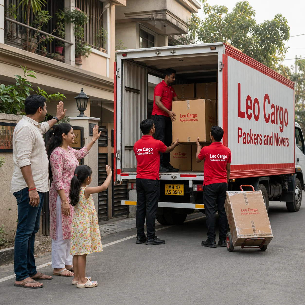 A happy Indian family standing outside their home, smiling and waving at a red and white 'Leo Cargo Packers and Movers' truck departing - Leo Cargo Packers and Movers