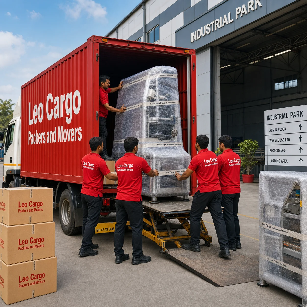A truck , parked outside an Indian industrial park - Leo Cargo Packers and Movers