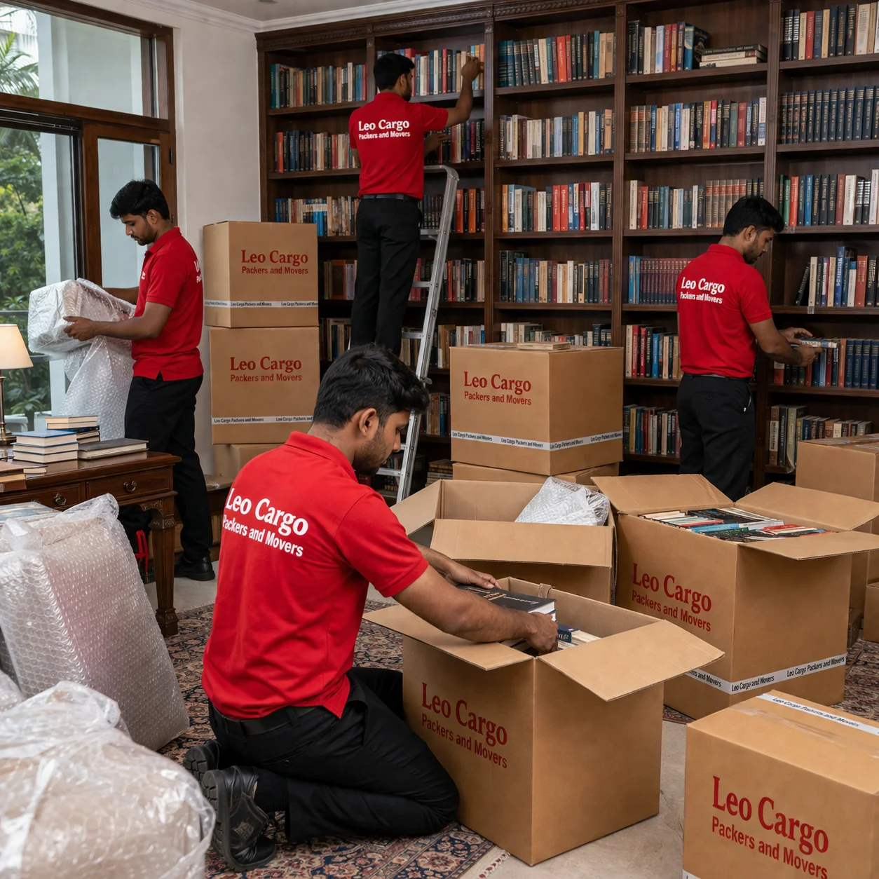 Movers carefully packing a massive home library - Leo Cargo Packers and Movers
