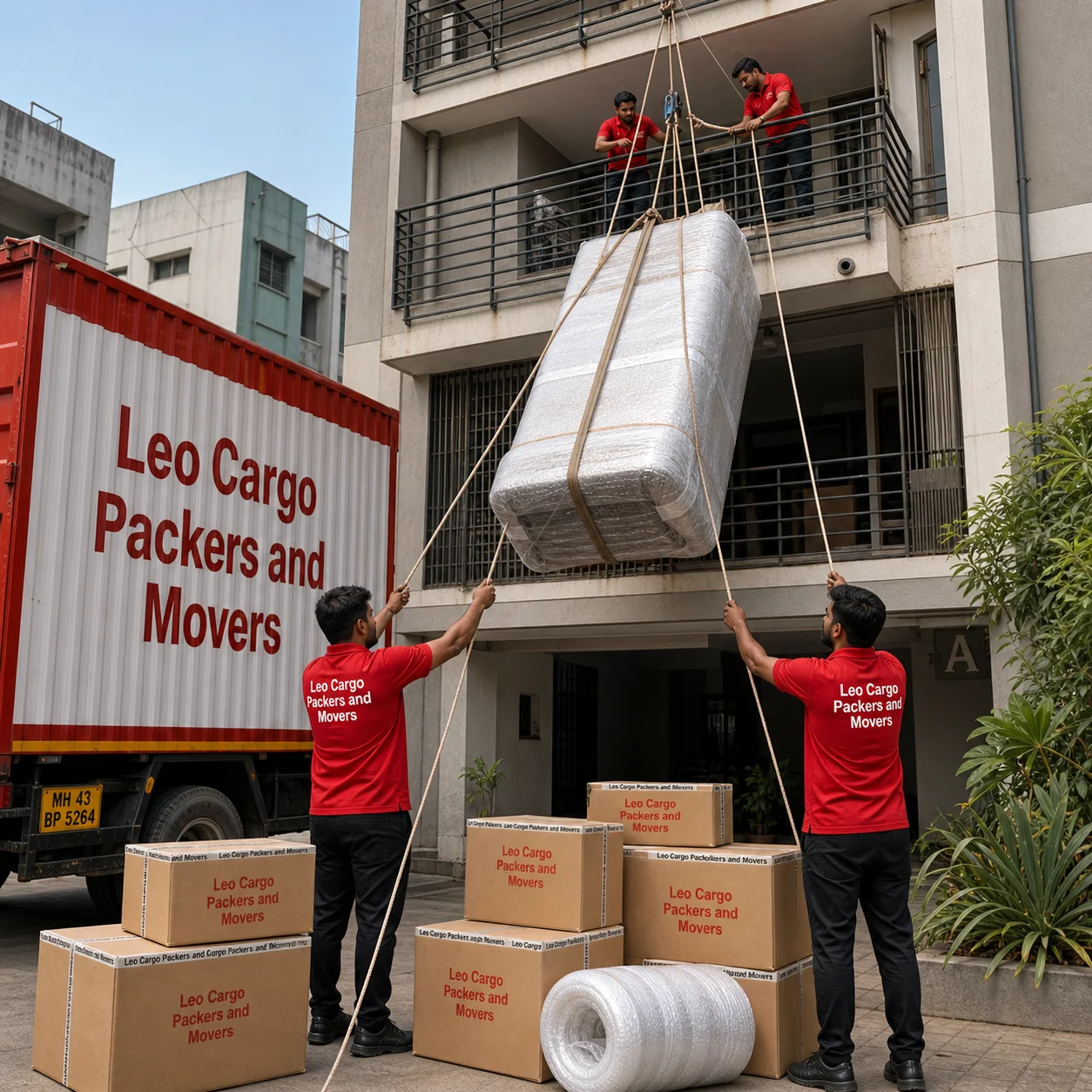 Movers hoisting a large, bubble-wrapped sofa up to a second-floor balcony using professional ropes and pulleys - Leo Cargo Packers and Movers