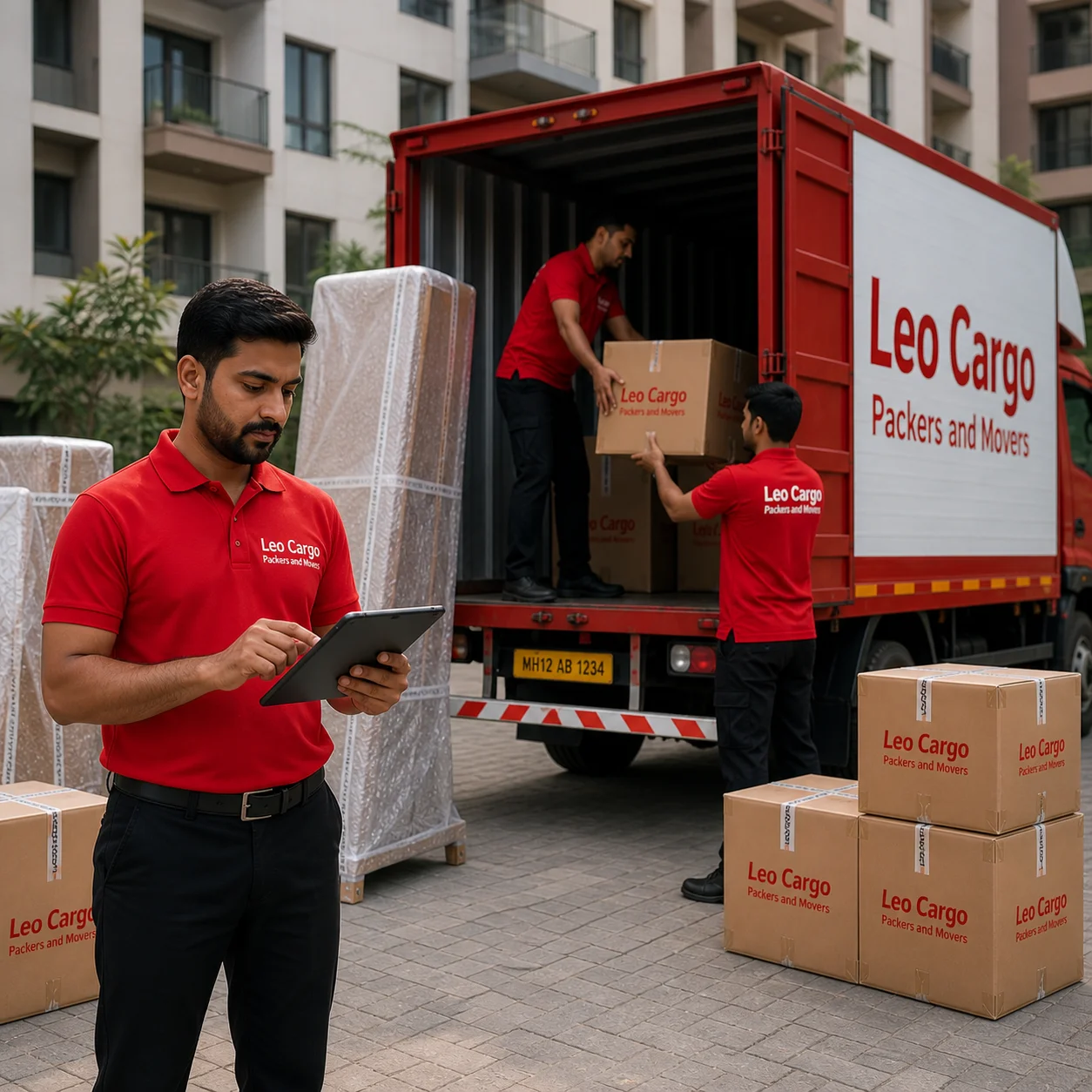 A supervisor in a Red T-shirt holding a tablet, checking inventory as workers load branded boxes into a truck - Leo Cargo Packers and Movers
