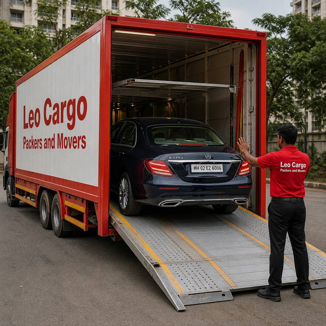A luxury car being carefully driven into a specialized enclosed vehicle carrier - Leo Cargo Packers and Movers