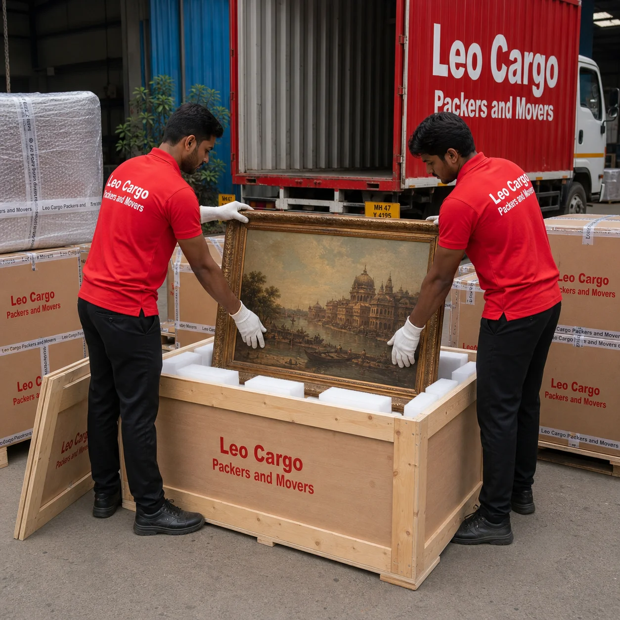 Movers wearing gloves, carefully placing a framed antique painting into a custom wooden crate filled with foam padding - Leo Cargo Packers and Movers