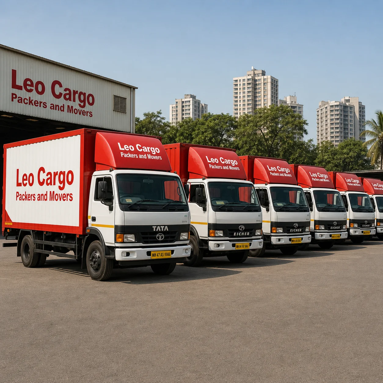 A neat lineup of clean red and white Tata and Eicher container trucks, all featuring bold 'Leo Cargo Packers and Movers' branding, parked at a sunlit logistics depot - Leo Cargo Packers and Movers