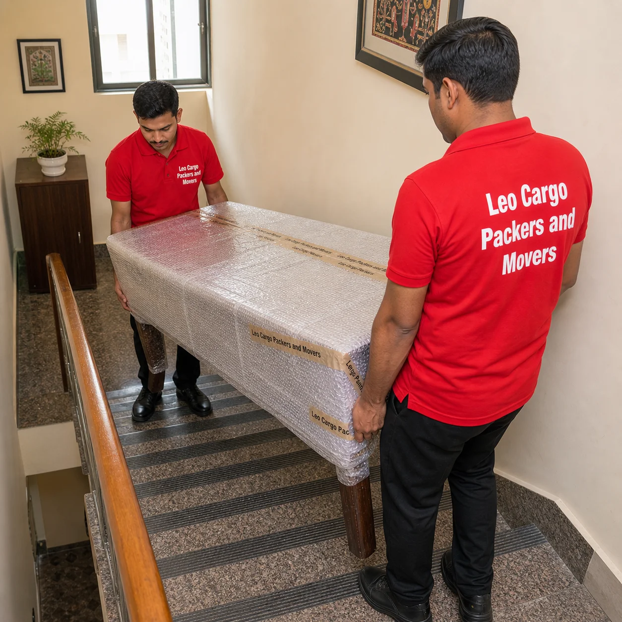 Movers in red uniforms and safety shoes safely carrying a heavy, bubble-wrapped solid wood dining table down a narrow staircase in an Indian home - Leo Cargo Packers and Movers