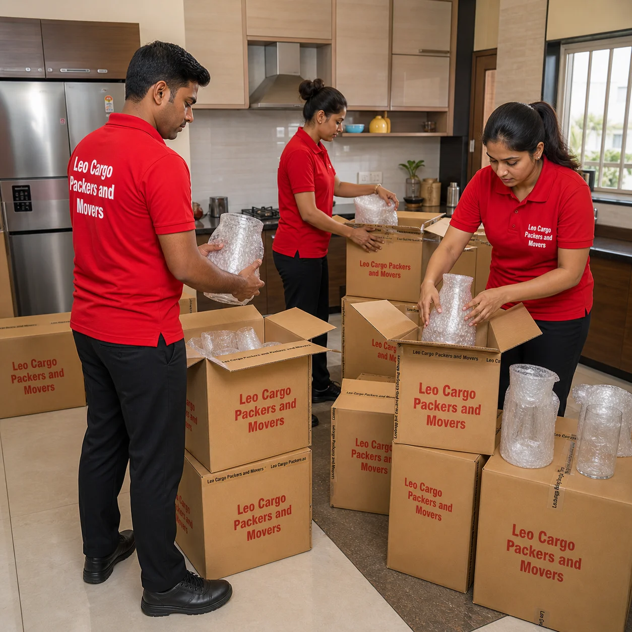 A team of female and male Movers, unpacking items in a modern Indian kitchen - Leo Cargo Packers and Movers