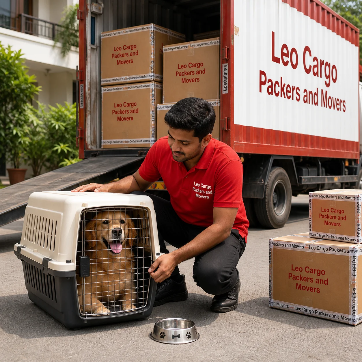 A worker in a proper uniform gently handling a secure pet carrier with a happy golden retriever inside - Leo Cargo Packers and Movers