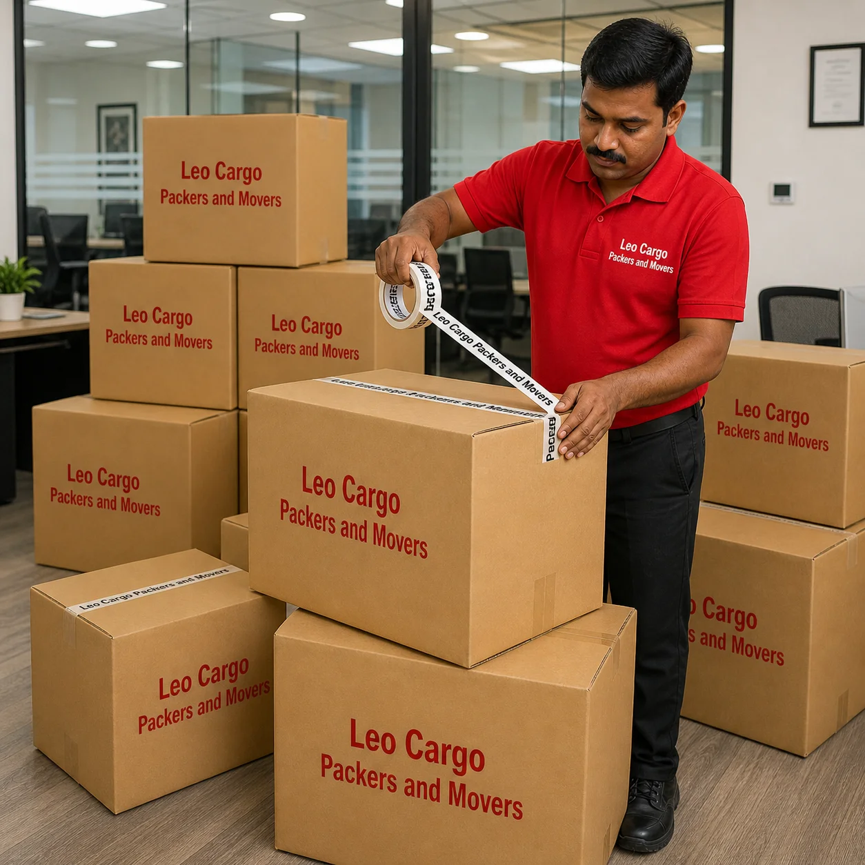 A neat stack of cardboard boxes inside an office, all clearly - Leo Cargo Packers and Movers