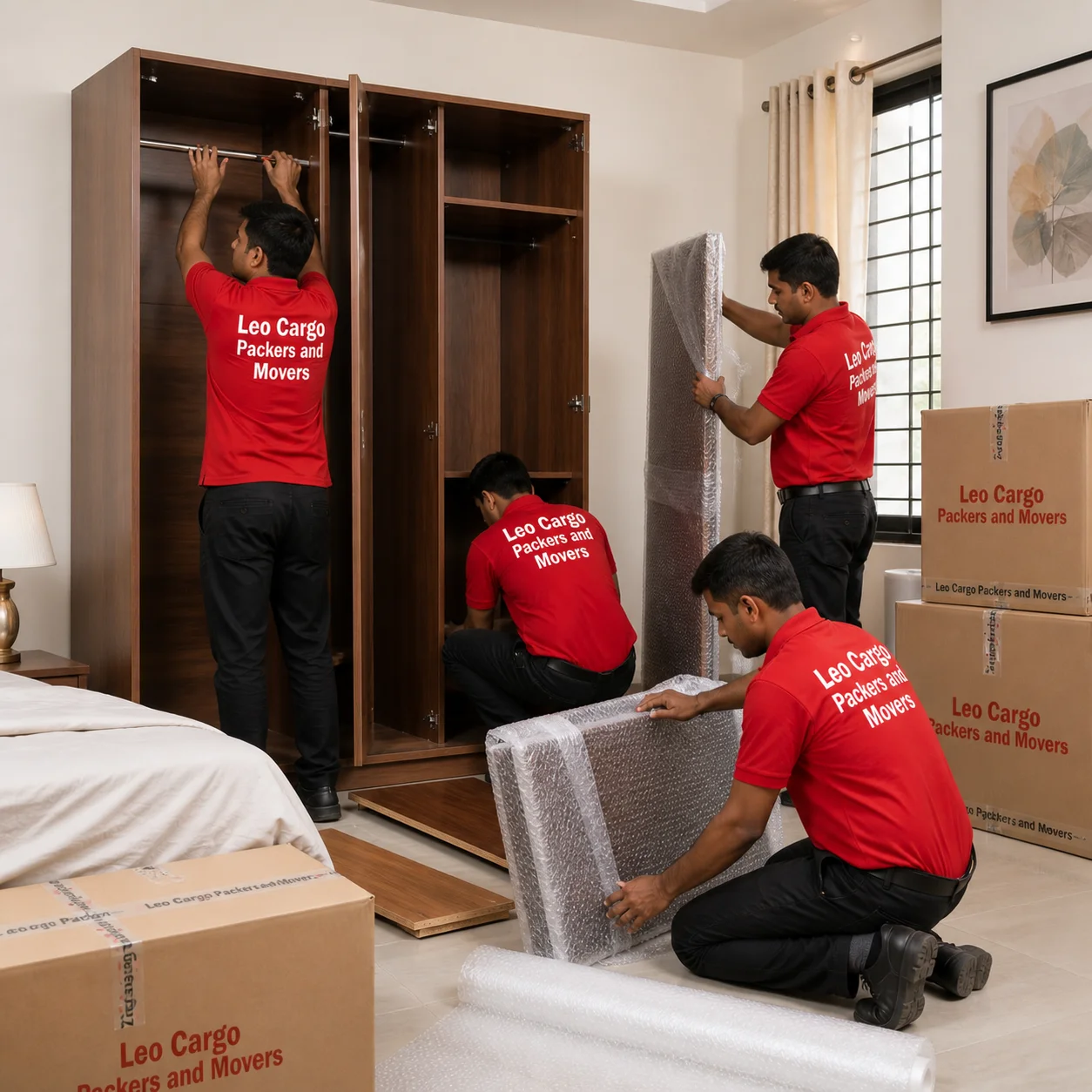 Expert carpenters in Red T-shirts carefully disassembling a large wooden wardrobe in a bedroom, wrapping individual pieces in bubble wrap - Leo Cargo Packers and Movers