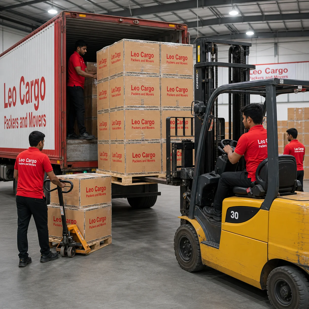 Warehouse workers in Red T-shirts unloading pallets of branded boxes using a modern yellow forklift inside a clean, well-lit storage facility - Leo Cargo Packers and Movers