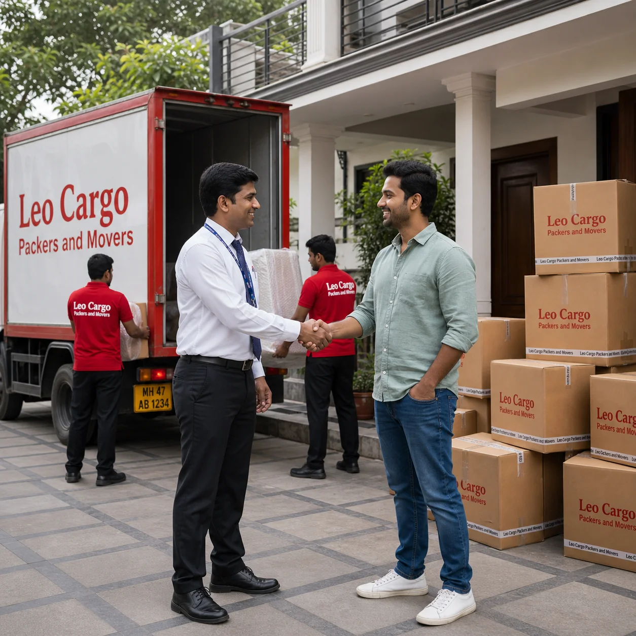 A delighted Indian customer shaking hands with a moving team supervisor outside a new home - Leo Cargo Packers and Movers
