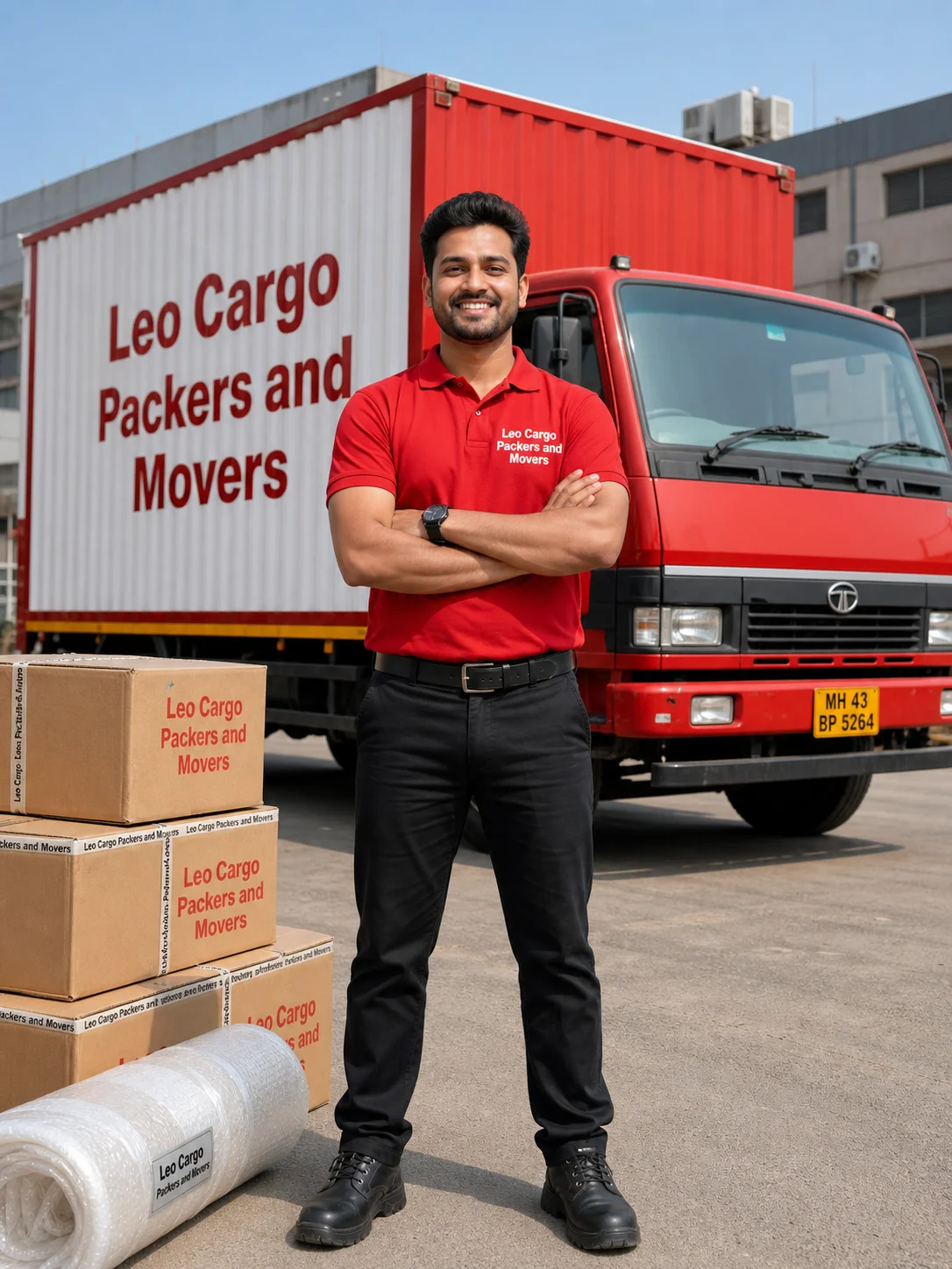 A smiling, confident Indian moving team leader standing proudly with arms crossed - Leo Cargo Packers and Movers